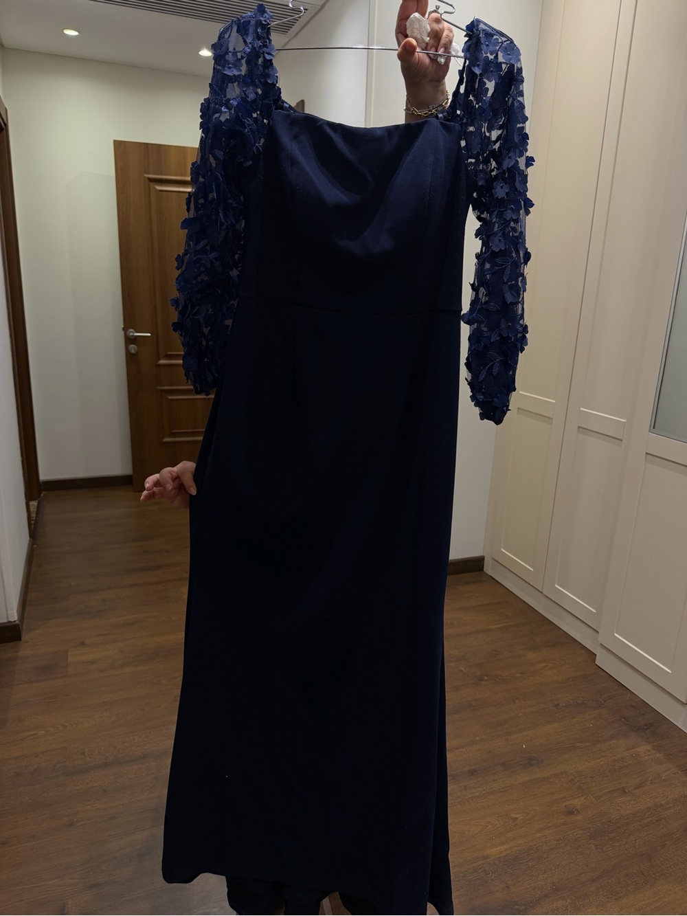 Eliza J Navy Long Sleeve Floral Appliqué Gown